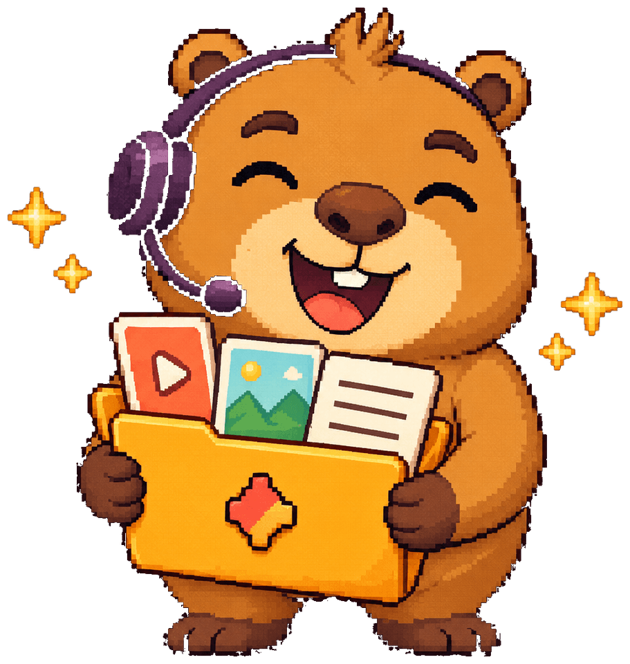 Happy Mi holding a folder of videos, images and scripts