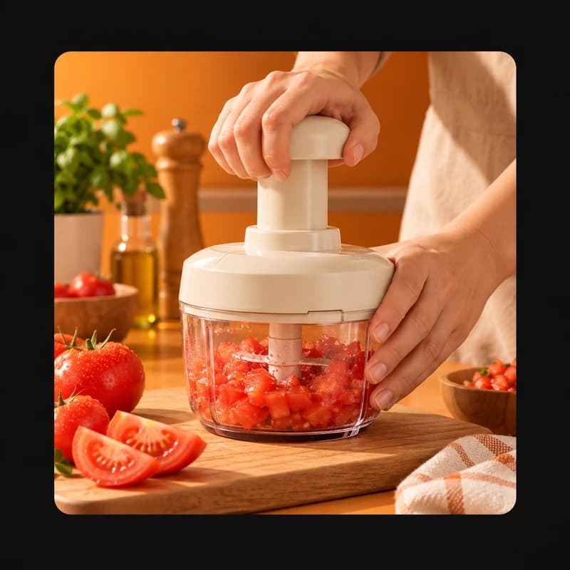 Illustrative example: hands using a vegetable cutter with tomatoes