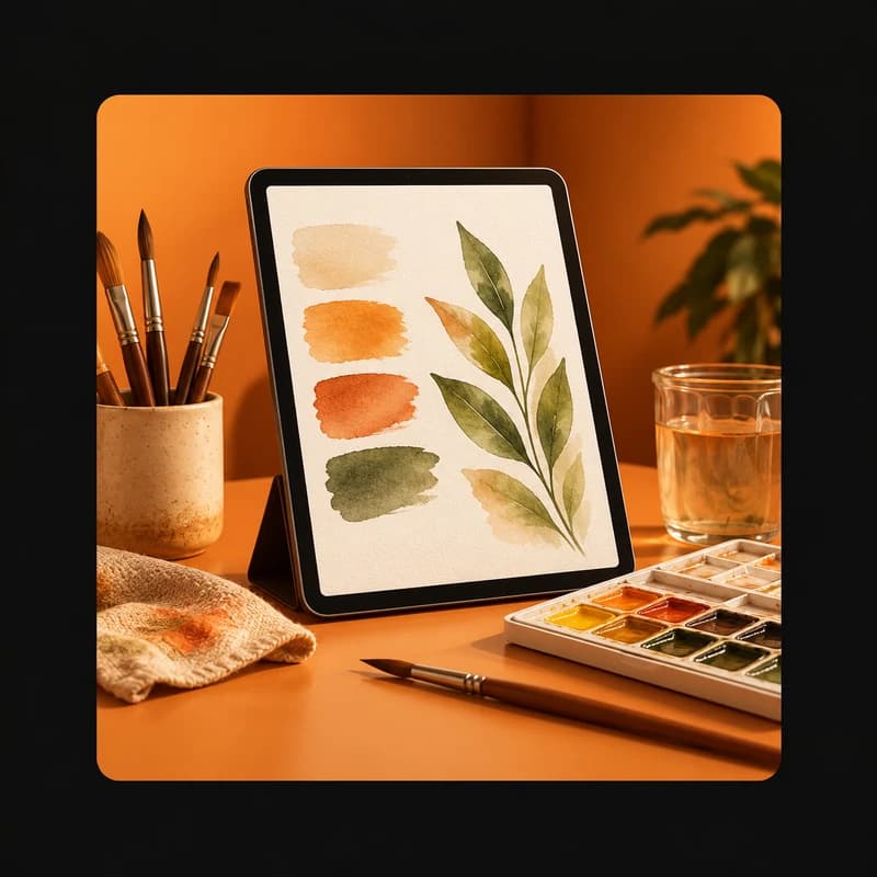 Illustrative example: painting class on a tablet with watercolor supplies