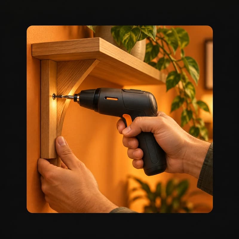 Illustrative example: cordless screwdriver being used on a wooden shelf